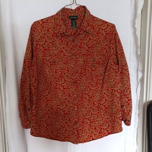 Lauren Ralph Lauren Sz 1x Red and Gold Women's Long Sleeve Snap Buttons Shirt